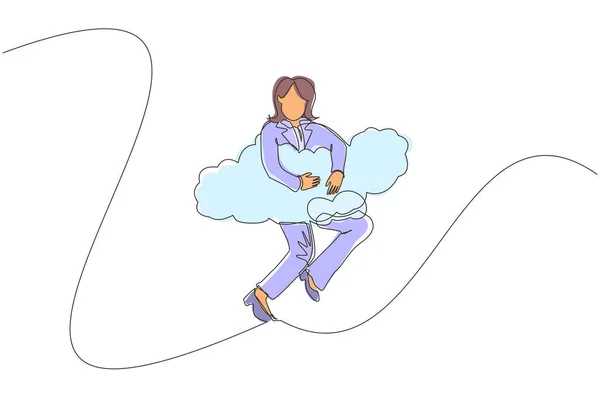Kontinuierlich Eine Linie Zeichnende Geschäftsfrau Hängt Den Wolken Hoffen Auf — Stockvektor