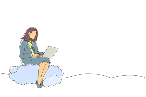 Single Continuous Line Drawing Businesswoman Sitting Cloud Sky Working Laptop — Stock Vector