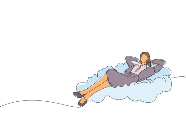 雲の上に寝そべってリラックスし 成功した幸せな若いビジネスマンの女性を描く一本のライン コーヒータイムとリラクゼーション 連続線画デザイングラフィックベクトルイラスト — ストックベクタ