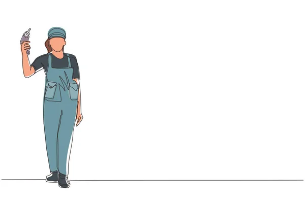 Одна Линия Рисует Женщину Работницу Электрическим Инструментом Ремонта Строитель Форме — стоковый вектор