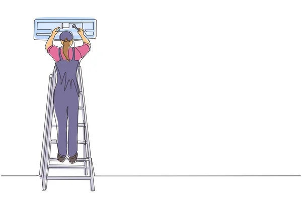 Une Seule Ligne Dessin Réparation Climatisation Technicienne Réparatrice Femme Réparatrice — Image vectorielle
