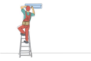 Havalandırma tamiri için tek sıra halinde. Havalandırmayı tamir eden tamirci teknisyen. Klima tamiri, bakım, profesyonel servis. Bir çizgi çizme tasarım vektörü