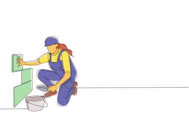 Seramik duvar kiremiti döşeyen tek bir çizgili tamirci. Üniformalı profesyoneller çalışıyor. Tulumlu tamirci kadın evde. Aralıksız çizgi çizimi tasarım grafik vektör çizimi