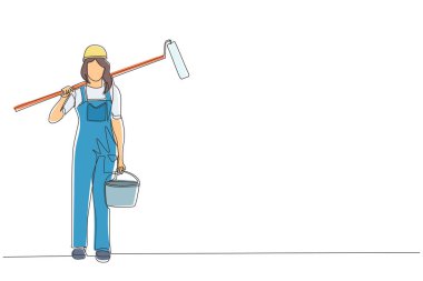 Boya kovası ve boya rulosuyla kadın ressam çizen tek sıra. Apartman yenilenmesi konusunda uzman bir tamirci kadın. Bir çizgi çizimi grafik tasarım vektörü