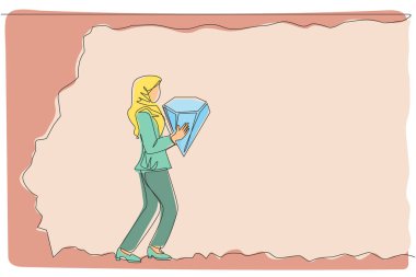 Yeraltından büyük elmaslar taşıyan Arap bir iş kadınının çizdiği tek satır. Elmas taşıyan biriyle hazine kazmak. Başarı, başarı. Devamlı çizgi tasarımı grafik vektör illüstrasyonu