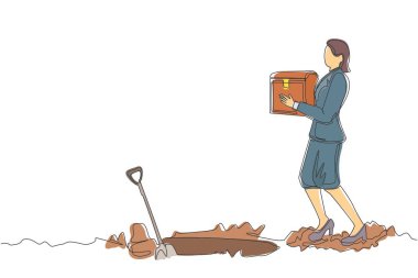 Tek sıra halinde yürüyen ve hazine sandığı tutan Arap işadamı. İçinde bir sürü altın para olan hazine kutusu olan bir adam. İş metaforu. Modern sürekli çizgi çizim grafik vektörü