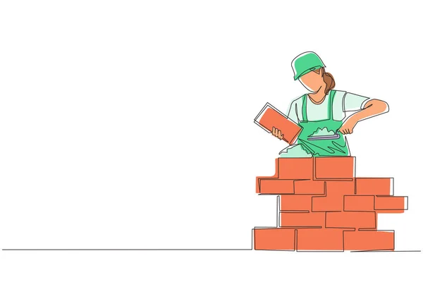 Eine Durchgehende Linie Zeichnet Die Reparaturarbeiterin Die Ziegelmauer Baut Bauarbeiter — Stockvektor