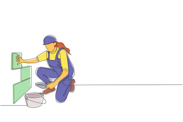 Einzeilige Zeichnung Reparaturarbeiter Beim Verlegen Von Keramischen Wandfliesen Fliesenleger Uniform — Stockvektor