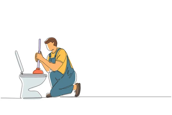 Одна Линия Рисования Уборка Туалета Сантехника Протечка Туалете Засорение Инструменты — стоковый вектор
