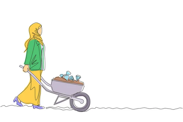 Jedna Čára Kreslí Arabskou Obchodnici Hidžábu Tlačí Vozík Plný Diamantů — Stockový vektor