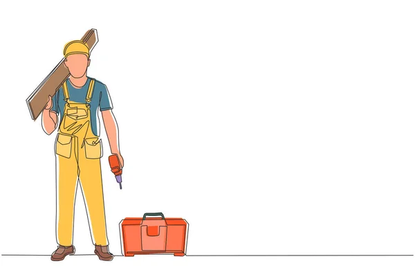 Eine Einzige Linie Zeichnet Fachwerkhaus Bauarbeiter Reparaturhelfer Mit Brett Werkzeugkiste — Stockvektor