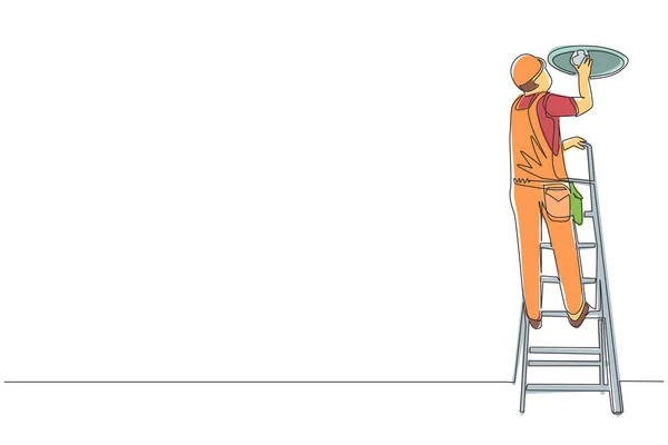 Непрерывная Одна Линия Рисования Рабочий Электрик Лестнице Сменить Лампочку Профессиональный — стоковый вектор