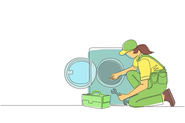 Einzelne Durchgehende Linie Zeichnen Professionelle Reparaturfachfrau Reparatur Waschmaschine Hause Sanitärspezialist — Stockvektor