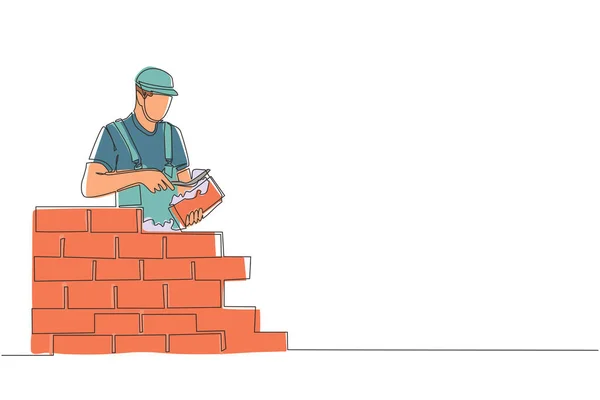 Kontinuierliche Eine Linie Zeichnung Reparateur Gebäude Ziegelmauer Bauarbeiter Uniform Und — Stockvektor