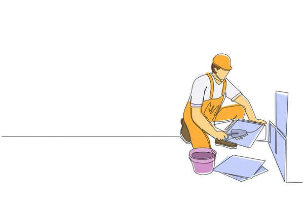 Einzeilige Zeichnung Reparaturarbeiter Beim Verlegen Von Keramischen Wandfliesen Fliesenleger Uniform — Stockvektor