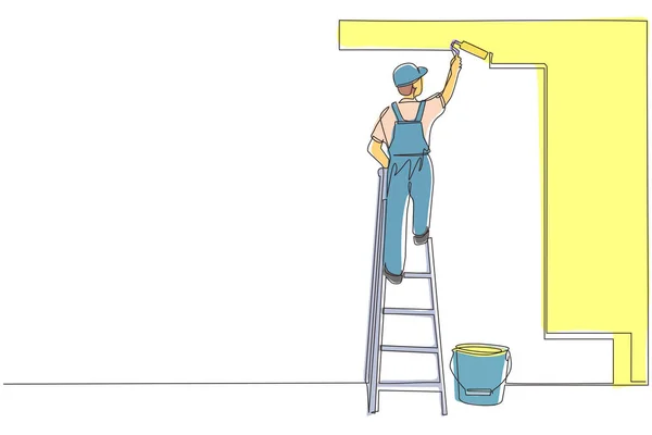Uma Única Linha Desenho Pintor Escada Pinta Parede Homem Está — Vetor de Stock