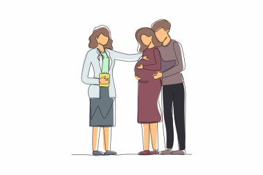 Hamilelik öncesi ilaçları çizmeye devam et. Kocası ve kadın doktoru olan tatlı hamile bir kadın. Üniformalı bir doktor. Danışmanlık, hekimin tavsiyeleri. Tek çizgi çizme tasarım vektörü