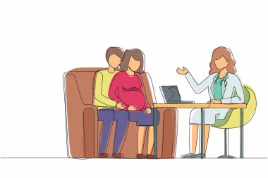 Sürekli bir çizgi halinde hamile bir kadın doktoru ziyaret ediyor. Hastanede sağlık muayenesinde olan mutlu çift doktorla konuşuyor. Hamilelik sağlık sigortası. Tek çizgi çizimi tasarım vektörü grafiği