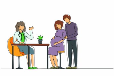 Tek sıra halinde beyaz arka planda izole edilmiş çocuk doktoru bekleyen bir aile. Doktor, hamile bir kadına kocasını danışıyor. Aralıksız çizgi çizimi tasarım grafik vektör çizimi