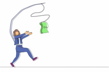 Sürekli para peşinde koşan açgözlü iş kadını ya da menajer çizgisi. Parası ve çubuğu olan, iş ceketli aç gözlü kadın. Tek çizgi çizimi tasarım vektörü grafik çizimi