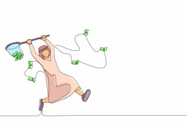 Arap işadamlarının kelebek ağıyla uçan para yakalamaya çalıştığı bir çizgi. Girişimci adam dolar toplamak için iş fırsatını kullanıyor. Tek çizgi çizme tasarım vektörü