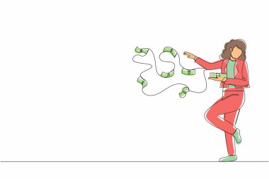 Mutlu bir iş kadını milyoneri çizen tek satır havaya uçan para banknotlarını çöpe atıyor. Başarı ve zengin bir servet girişimcisi. Devamlı çizgi çizimi grafik vektörü