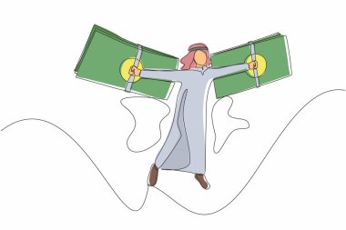 Tek sıra halinde para kanatlarıyla uçan Arap işadamı. Finansal özgürlük kavramı, para banknotlarından kanat çırparak uçan adamı tasvir etmek. Aralıksız çizgi çizimi tasarım grafik vektör çizimi