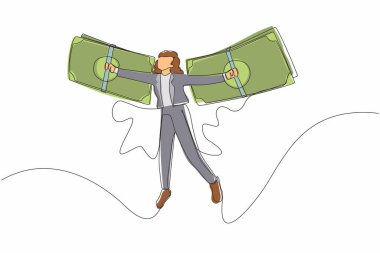 Sürekli olarak para kanatları üzerinde uçan bir iş kadını çiziyor. Finansal özgürlük kavramı, döviz banknotlarından kanat çırpan bir kadın tasviri. Tek çizgi çizimi tasarım vektörü grafik çizimi