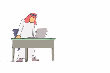 Sinirli ve öfkeli Arap işadamının çalışma masasında bağırıp çağırdığı ve çığlık attığı tek sıra. Kötü çalışma alanı duyguları. Bir çizgi grafik tasarım vektör çizimi