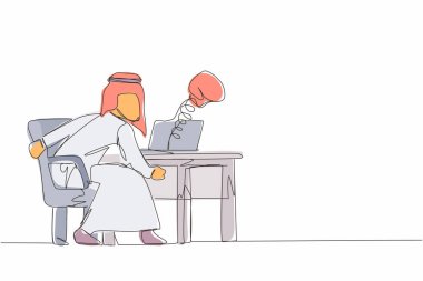 Sosyal medyayı kullanarak ve bilgisayar laptopundan boks eldivenleri ile yumruk yiyen üzgün bir Arap 'ı sürekli çeken bir satır. Siber zorbalık, sosyal medyayı kullanarak online taciz. Tek çizgi tasarım vektörü