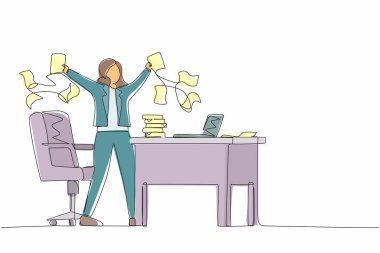 Bir satırda mutlu bir iş kadını, şirket lideri ya da ofis çalışanı havaya doküman fırlatıyor, iş yerinde otururken iş başarısının tadını çıkarıyor. Devamlı çizgi tasarımı vektör çizimi