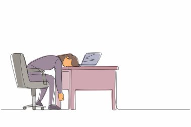 Profesyonel tükenme sendromu çeken tek bir çizgi var. Ofisteki yorgun ve yorgun kadın yöneticinin kafası dizüstü bilgisayarla aşağıda oturması çok sıkıcı. Tek çizgi tasarım vektör grafik çizimi