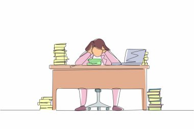 Sürekli stres altında olan bir iş kadını ellerini adamın kafasına dayayıp dosyalarla çevrili bir masada otururken bağırıyor. Bir çizgi çizimi grafik tasarım vektörü