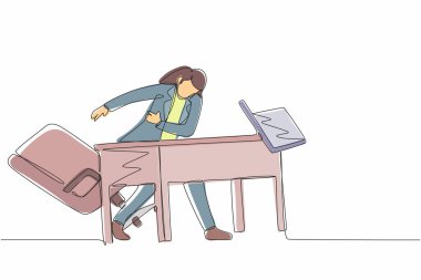 Sinirli ve öfkeli genç iş kadını çizen tek satır kızgın ve dizüstü bilgisayar fırlatıyor. Kötü işyeri duyguları. İş stresi. Modern sürekli çizgi çizimi tasarım grafik vektör çizimi