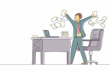 Mutlu işadamı, şirket lideri ya da ofis çalışanı sürekli bir çizgi halinde iş yerinde otururken iş başarısının tadını çıkarıyor. Tek çizgi çizimi tasarım vektörü grafiği