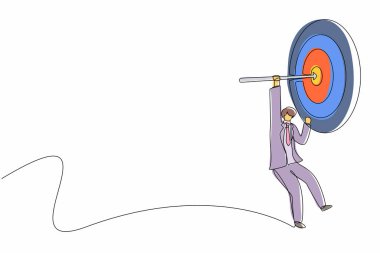 Bir satırda iş adamının hedefe ok atması, iş başarısı konsepti. İş adamı hedefin merkezinde pruvada asılı duruyor. Modern sürekli çizgi çizimi tasarım grafik vektör çizimi