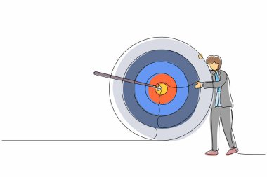 Bir satırda işadamlarına sarılıp hedef çemberinin yanında duran, hedefi tam ortasından vuran ve şirket içindeki başarının sonucunu analiz eden bir ok. Devamlı çizgi çizim tasarım vektörü