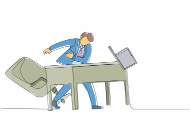 Sinirli ve öfkeli genç işadamlarının çizdiği tek çizgi kızgın ve dizüstü bilgisayar fırlatıyor. Kötü işyeri duyguları. Yönetici iş stresi. Devamlı çizgi tasarımı grafik vektör illüstrasyonu