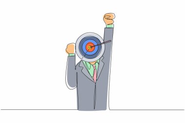 Tek sıra halinde ok başlı iş adamı çizimi ile hedef alın. Tişört giysisi baskısı tasarımı. Çizik tahtası taklidi. Siyah ve beyaz el çizimi. Bir çizgi grafik vektörü