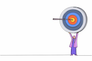 Tek sıra halinde, Arap iş kadını okla büyük hedefi tutuyor. Başarılı bir fikrin sembolü olan kadın menajer. Modern sürekli çizgi çizimi tasarım grafik vektör çizimi