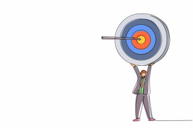Tek sıra halinde, büyük hedefi okla tutturan bir işadamı. Başarılı bir fikrin sembolü olan genç ve zeki bir erkek işçi. Dinamik bir çizgi çizer grafik tasarım vektörü çizer