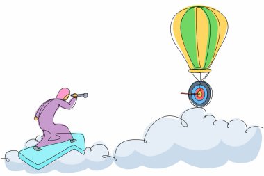 Tek sıra halinde ilerleyen bir Arap iş kadını çiziyor ve sıcak hava balonunda iş vizyonu görmek için tekgöz kullanıyor. Finansal büyüme kavramı. Bir çizgi çizimi tasarım vektörü illüstrasyonu