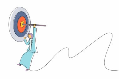 Bir satırda Arap iş kadınının hedefe ok atması, iş başarısı konsepti. İş kadını hedefe ok atıyor. Modern sürekli çizgi çizimi tasarım grafik vektör çizimi