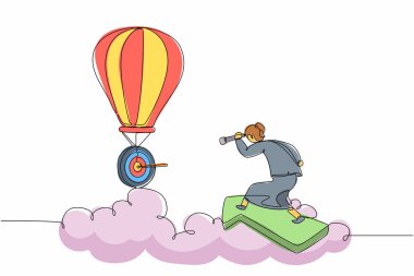 Aralıksız bir çizgi, kadın yöneticiyi öne doğru ok atarken çekiyor ve sıcak hava balonunda iş görüşünü görmek için monoküler kullanıyor. Profesyonel iş kadını. Tek çizgi çizimi tasarım vektör çizimi