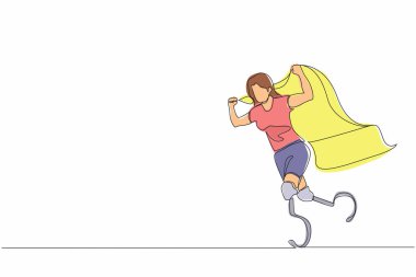 Tek sıra halinde engelli atlet bayrak kaldırıyor. Protez bacaklı sporcu kadın bayrak tutuyor. Atletik kadın bayrak kaldırarak tezahürat yapıyor. Aralıksız çizgi grafik tasarım vektörü