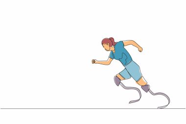 Devamlı bir çizgi, engelli sporcuları protezlerle koşturuyor. Kadın maluliyet koşuları. Bacağı kesilmiş engelli bir sporcu kadın. Engelli sporu, şampiyonluk maçı, maç. Tek çizgi grafik tasarım vektörü