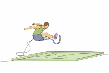 Tek sıra, atletizmde protez bacak uzun atlama yarışmasında erkek atlet uzvunu kesiyor. Uzun atlama engelli oyunları. Engelli sporu. Aralıksız çizgi çizimi tasarım grafik vektör çizimi