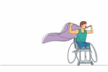 Tek sıra halinde bacağı kesilmiş, vücudundan yaralanmış genç bir adam bayrak kaldırıyor. Tekerlekli sandalyede oturan engelli bir sporcu, engelli bir sporcu. Bir çizgi çizimi grafik tasarım vektör çizimi