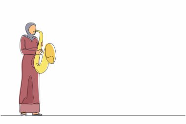 Sürekli olarak Arap saksafoncusu çiziyor. Caz ya da blues müzisyeni, kadın saksafon çalıyor. Festival caz müziğindeki kadın sanatçı, caz grubu performansları. Tek çizgi tasarım vektör çizimi