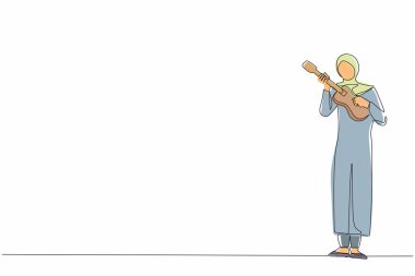 Ukulele çalan ve eğlenen tek bir Arap kızı çiziyor. Küçük bir gitar tutan ve şarkı söyleyen bayan müzisyen. Kadın enstrüman çalıyor. Bir çizgi çizimi grafik tasarım vektörü
